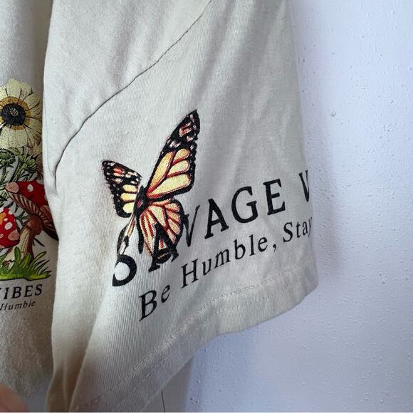 Weekend Warriors Tan Savage Vibes Mushroom Botanical Crop Tee Shirt Women Size L - Picture 11 of 13